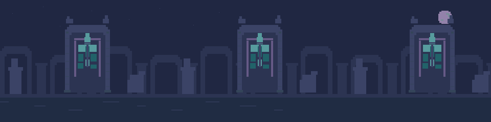 Turquoise glass and violet arches in the night ruins.